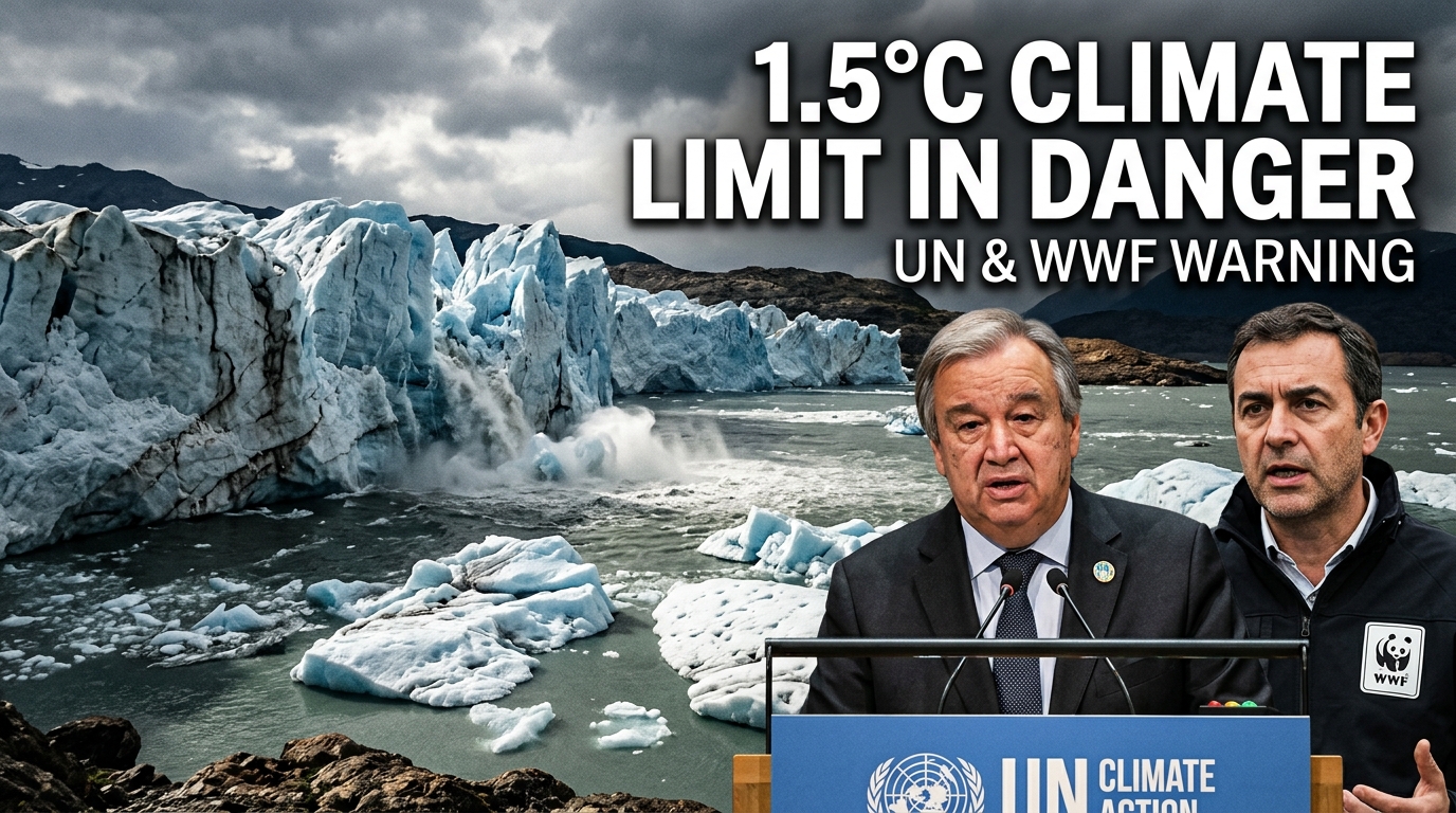 UN and WWF warning about the 1.5°C climate limit, featuring real climate disaster imagery, melting glaciers, environmental destruction, and international climate leaders in a serious news-style composition.