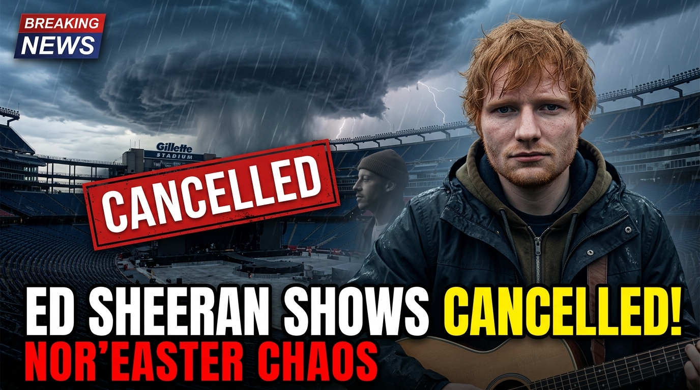 Ed Sheeran with an acoustic guitar as a severe nor’easter storm approaches Gillette Stadium, highlighting the cancellation of his Massachusetts concerts and the controversy surrounding his tour.