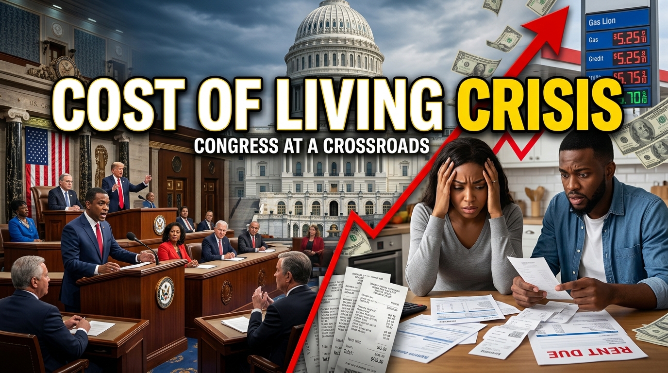 U.S. Capitol building alongside rising grocery, gasoline, and household costs, illustrating the congressional debate over America’s cost-of-living crisis ahead of the 2026 midterm elections.