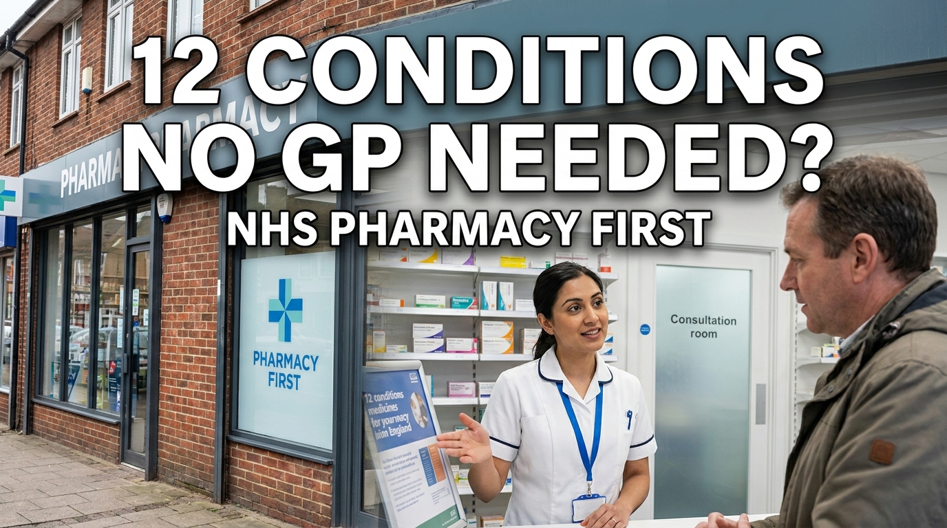 NHS Pharmacy First England expansion allowing patients to receive treatment for 12 common health conditions from participating community pharmacies without a GP appointment, featuring a pharmacist assisting a patient in a UK pharmacy.