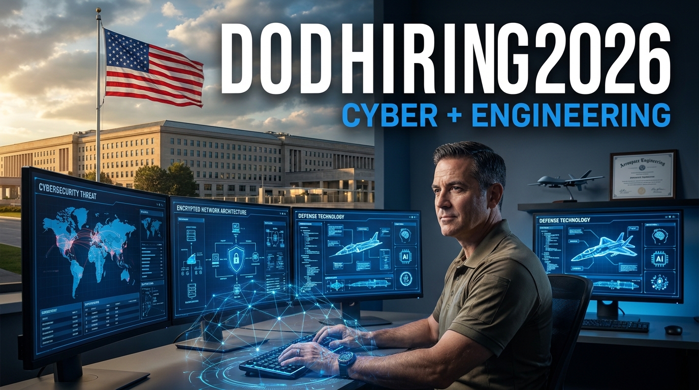 DOD Direct Hire Authorities 2026 thumbnail showing a cybersecurity professional, Pentagon headquarters, defense technology, and federal cybersecurity hiring.