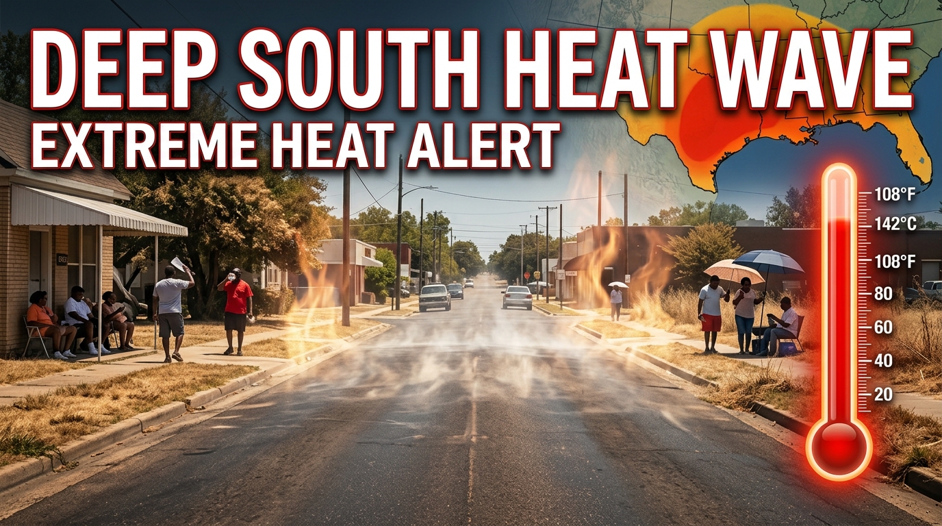 Deep South heat wave across the Southern U.S., showing extreme temperatures, a red heat map, and a thermometer over a sunlit American landscape.