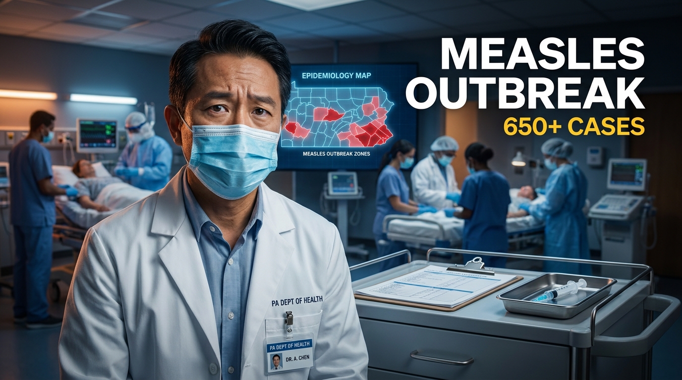 Pennsylvania measles outbreak with healthcare workers, vaccination imagery, and a Pennsylvania map highlighting rising measles cases and public health concerns.