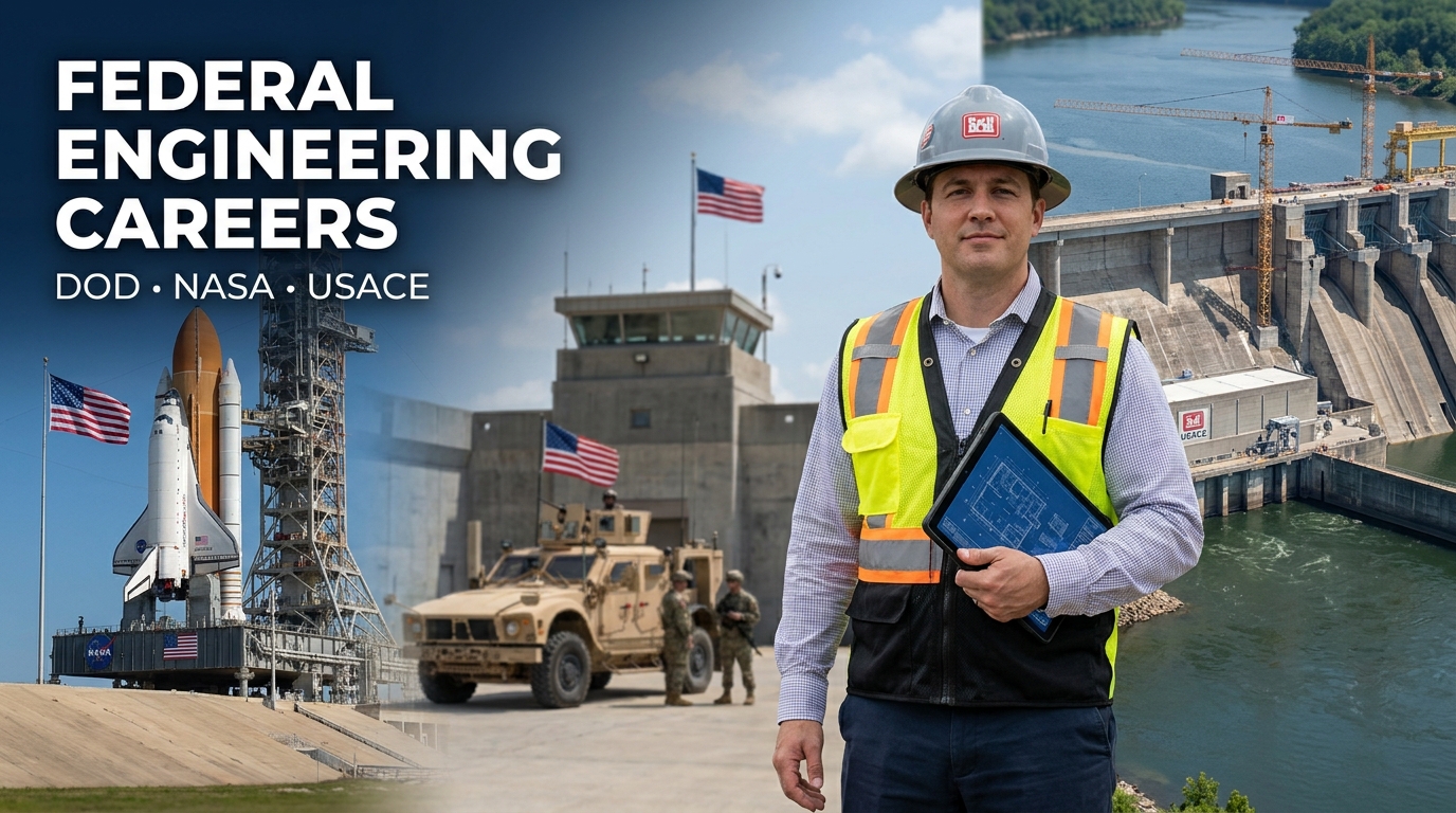 Federal engineering careers with a realistic engineer, NASA spacecraft, U.S. military infrastructure, and Army Corps of Engineers civil construction projects.
