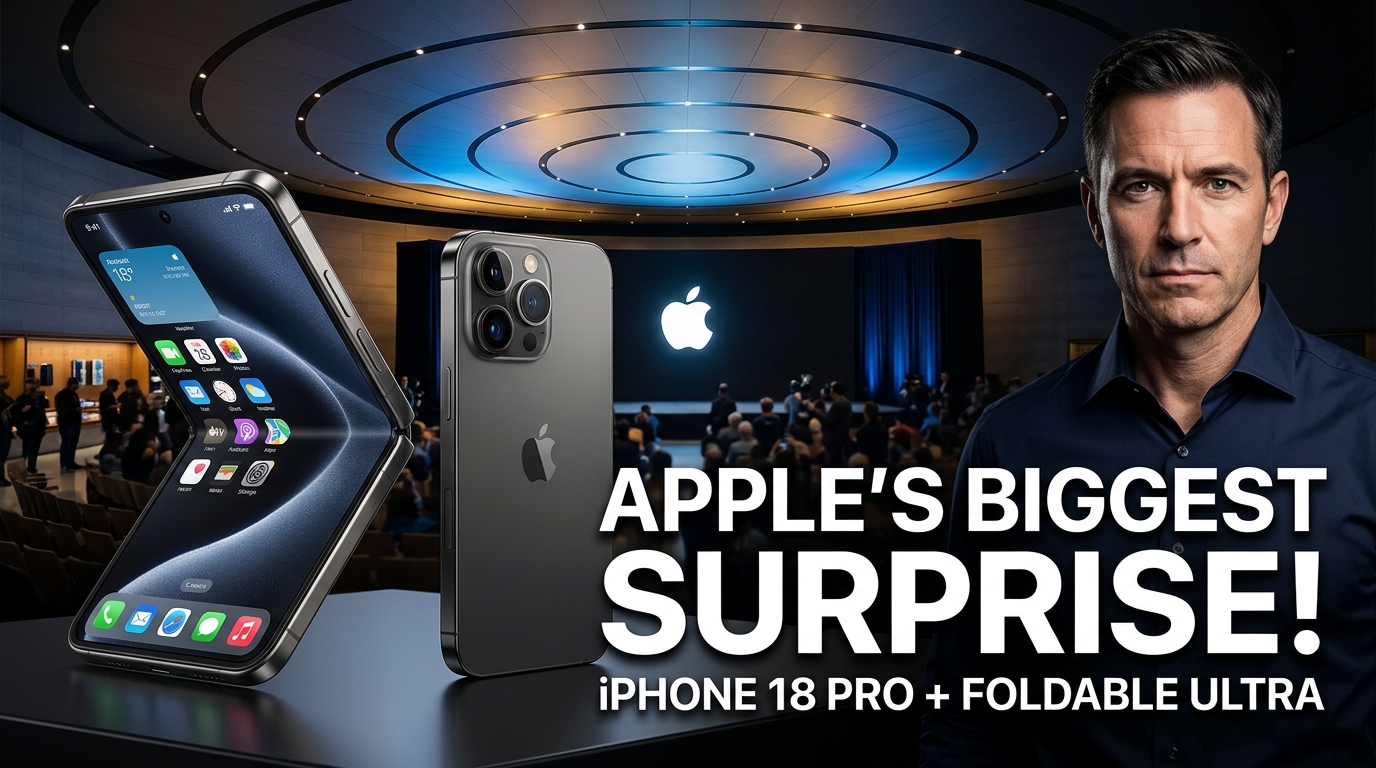 Realistic Apple 2026 keynote thumbnail featuring iPhone 18 Pro, a foldable iPhone Ultra, John Ternus, and the Steve Jobs Theater at Apple Park, highlighting Apple’s biggest surprise and new flagship devices.