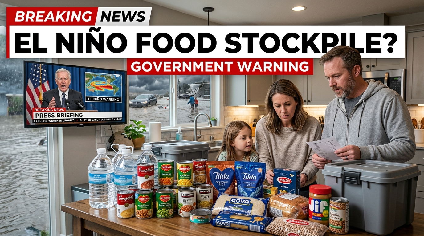 Real family preparing an emergency food and water stockpile at home, with severe El Niño weather and a government warning scene in the background.