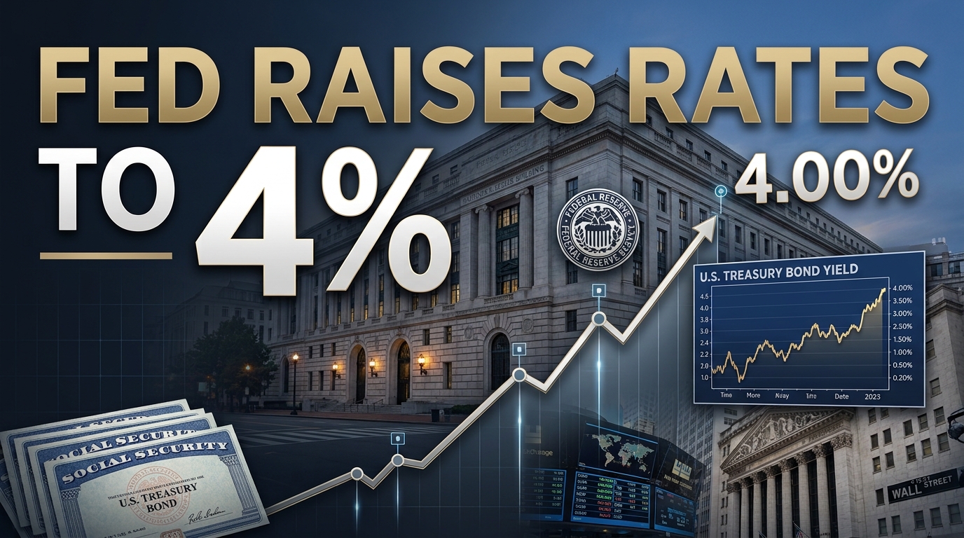 Federal Reserve rate hike to 4 percent with rising Treasury yields and U.S. stock market graphics.