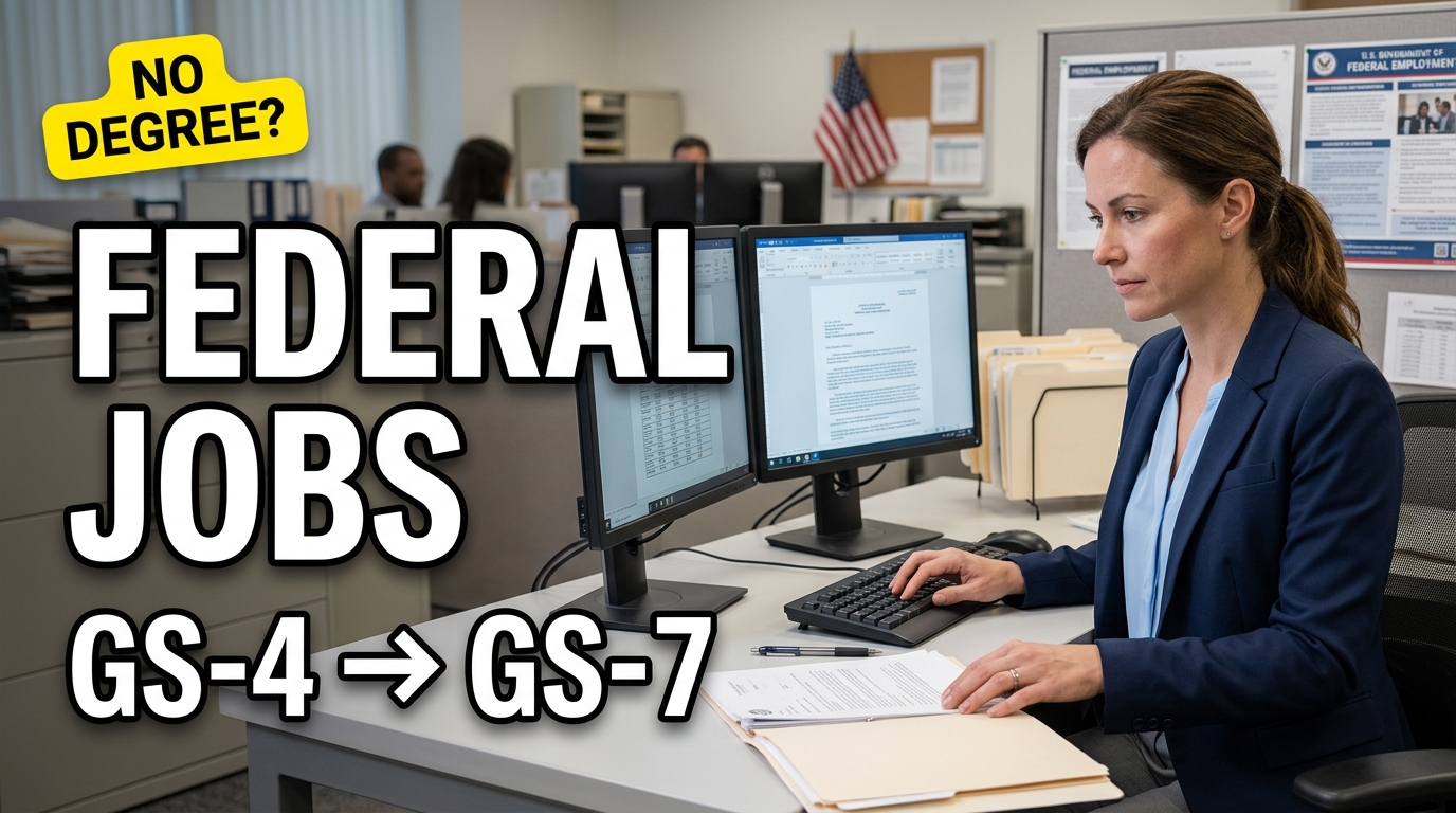 Realistic federal administrative support assistant working at a U.S. government office desk with documents and computer, representing GS-4 to GS-7 federal job opportunities and no-degree career options.