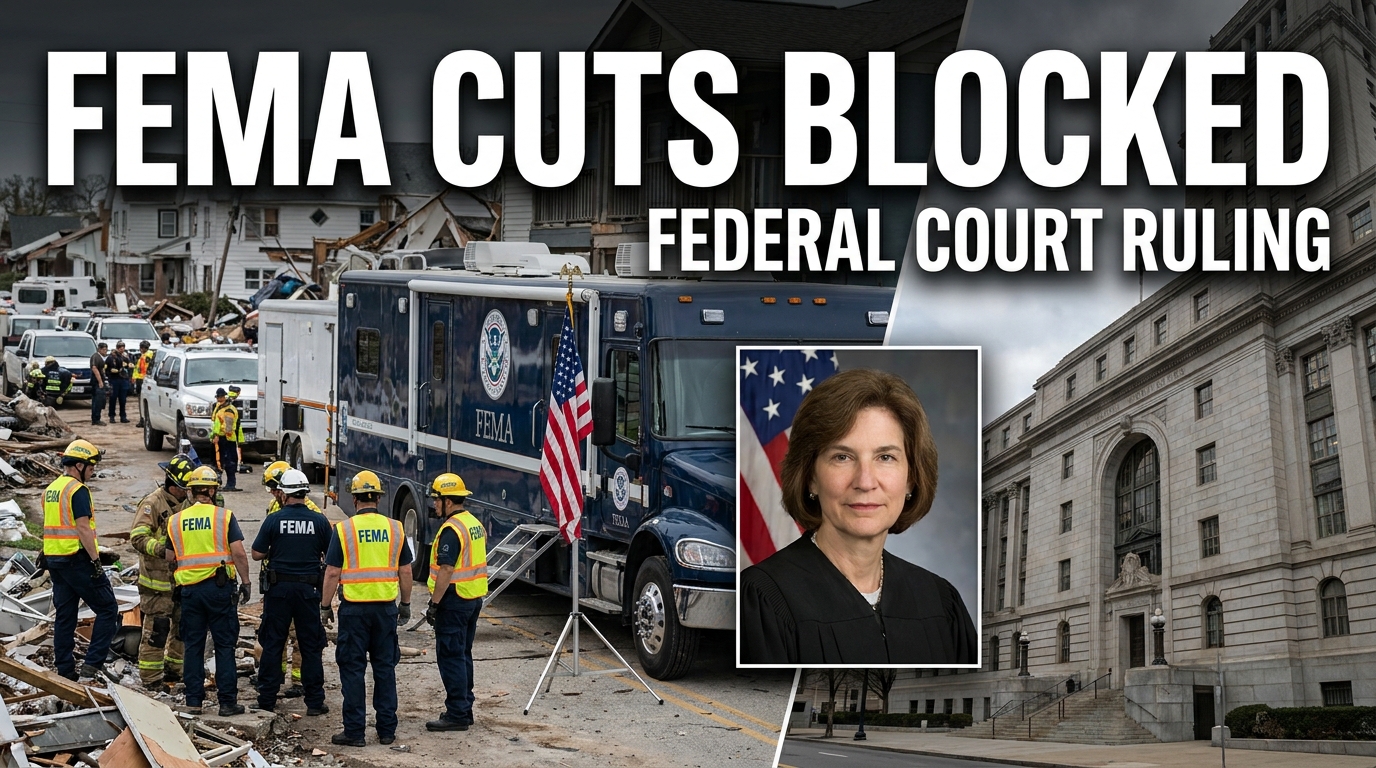 Federal court blocks plan to cut FEMA disaster relief workforce in half, with FEMA emergency responders and U.S. courthouse representing the legal ruling.