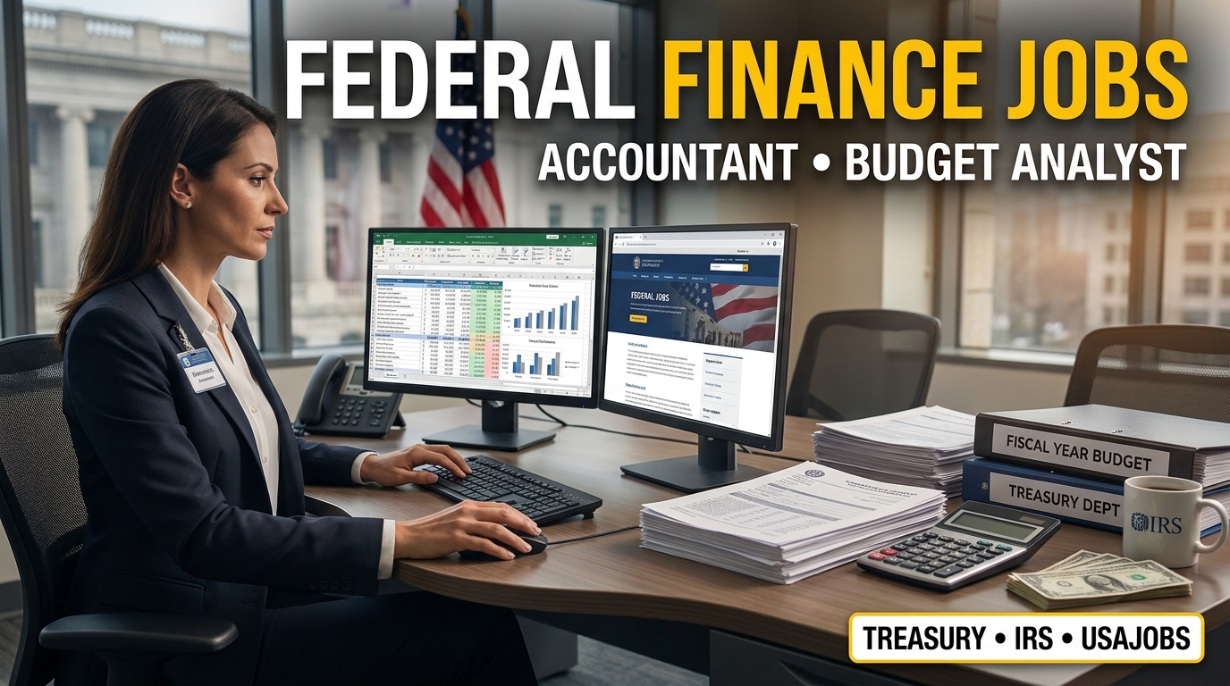 Photorealistic federal finance career scene showing a professional accountant working with financial reports and budget charts on a computer, representing U.S. Treasury, IRS, Accountant, and Budget Analyst jobs.