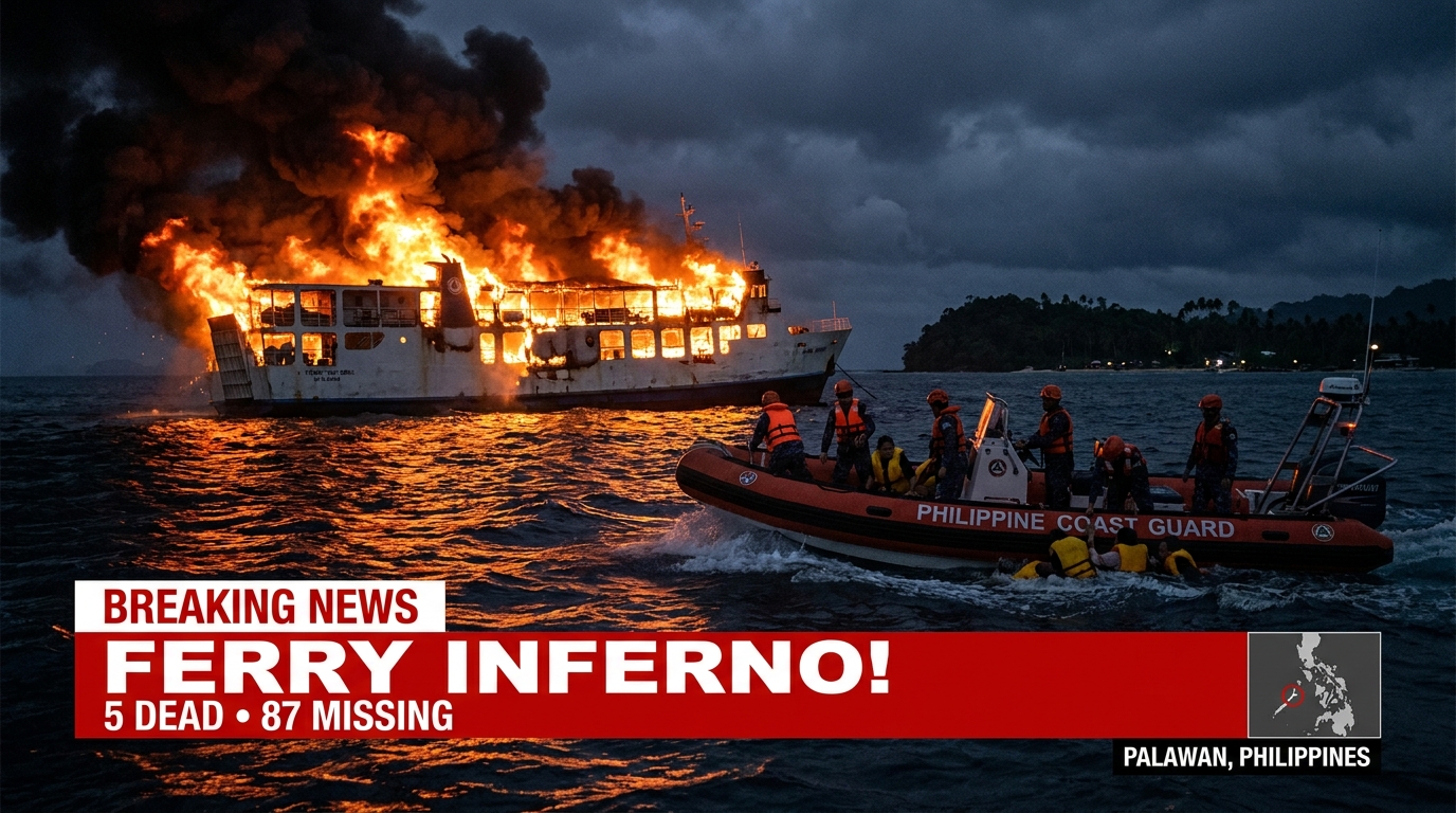 Passenger ferry engulfed in flames off Palawan, Philippines, as Philippine Coast Guard rescuers search the dark ocean for survivors after a deadly maritime fire.