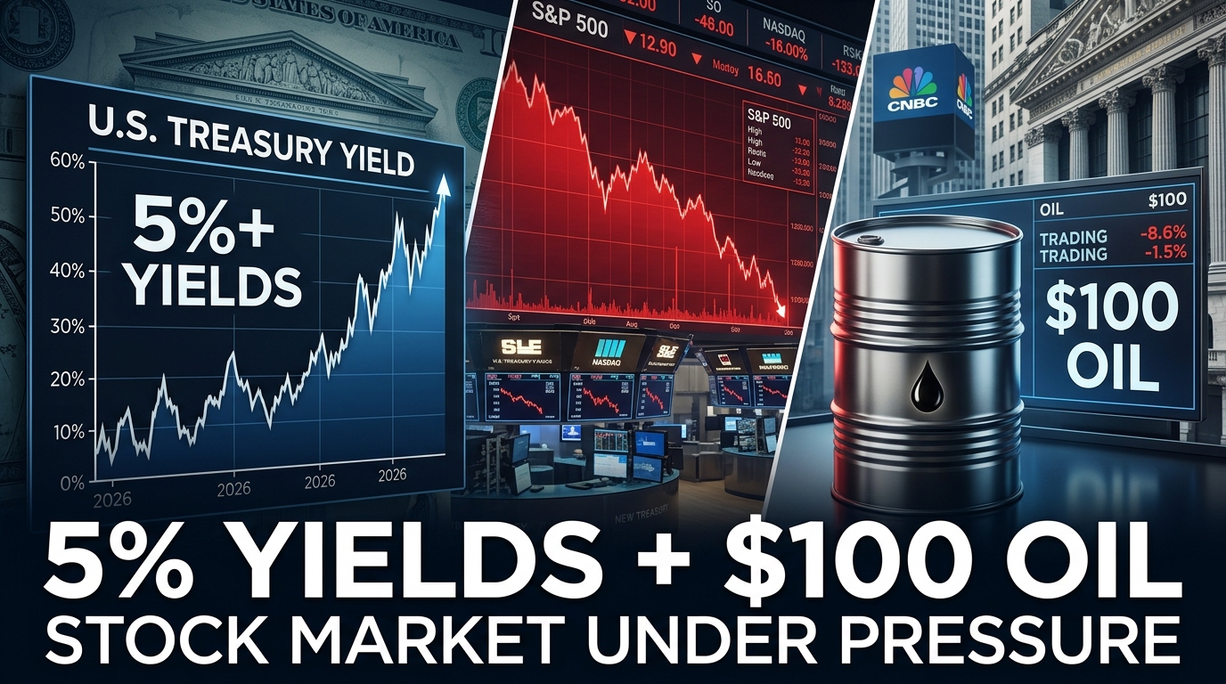Financial market thumbnail showing rising U.S. Treasury yields above 5%, oil prices approaching $100 per barrel, and a falling stock market chart.