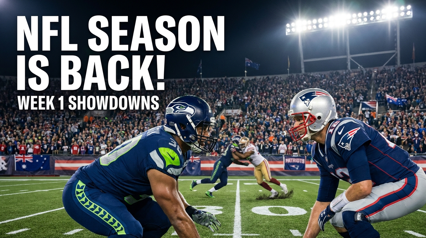 NFL season opener featuring intense professional football players facing off under stadium lights during Week 1, highlighting major divisional and international matchups.