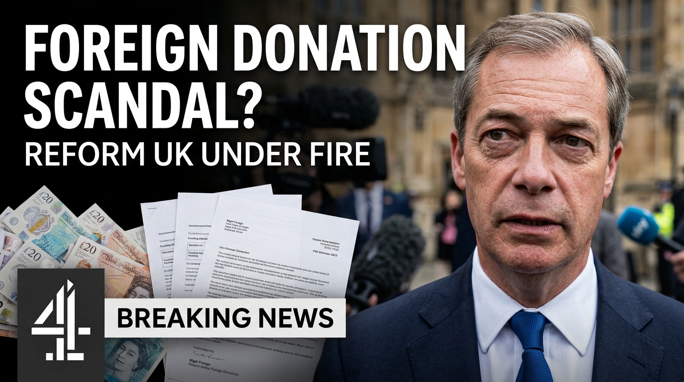 Nigel Farage facing scrutiny over alleged foreign donations to Reform UK, with Channel 4 News investigative imagery and UK political funding documents in the background.