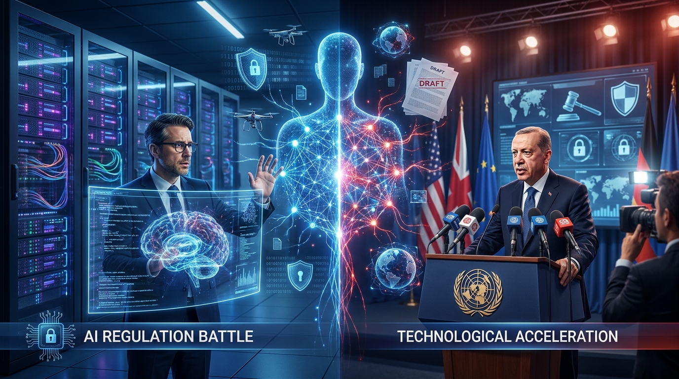 Photorealistic news thumbnail showing an AI technology executive and political leader facing off across a glowing artificial intelligence network, symbolizing the global debate over AI safety guardrails, regulation, national security, and rapid technological development.