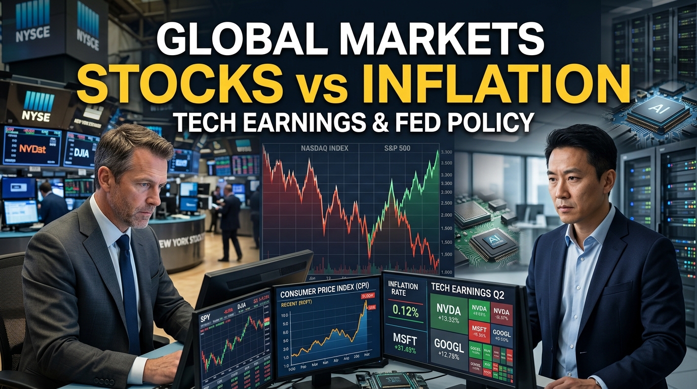 Realistic Wall Street traders monitoring stock market charts, a technology executive representing AI earnings, semiconductor chips, and financial data screens illustrating global markets, US stocks, tech earnings, and inflation.