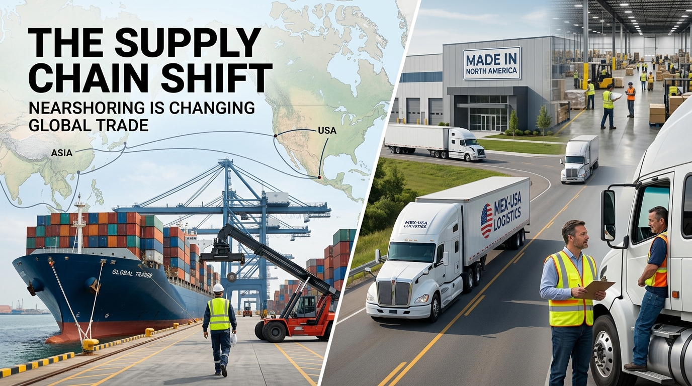 Realistic global supply chain scene showing a container ship, shipping containers, freight trucks, manufacturing facilities, and logistics workers, representing nearshoring, supply chain diversification, and the evolution of global trade.