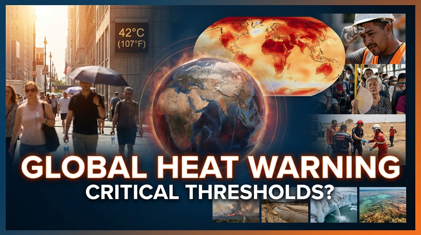 Global temperature anomalies near critical climate thresholds, showing extreme heatwaves, rising ocean temperatures, drought, wildfires, and people affected by climate change.