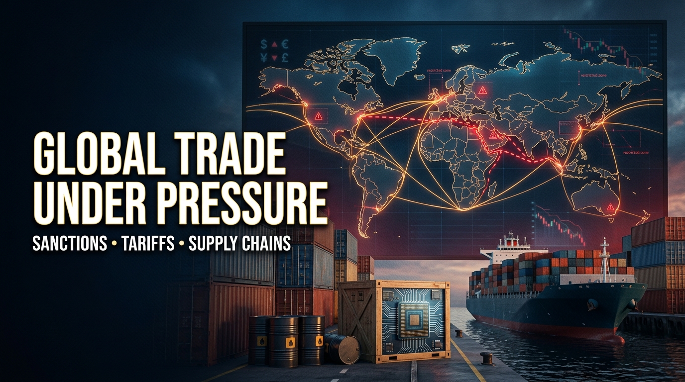 Global trade under pressure as tariffs, international sanctions, supply chain disruptions, oil markets, and technology restrictions reshape the world economy.