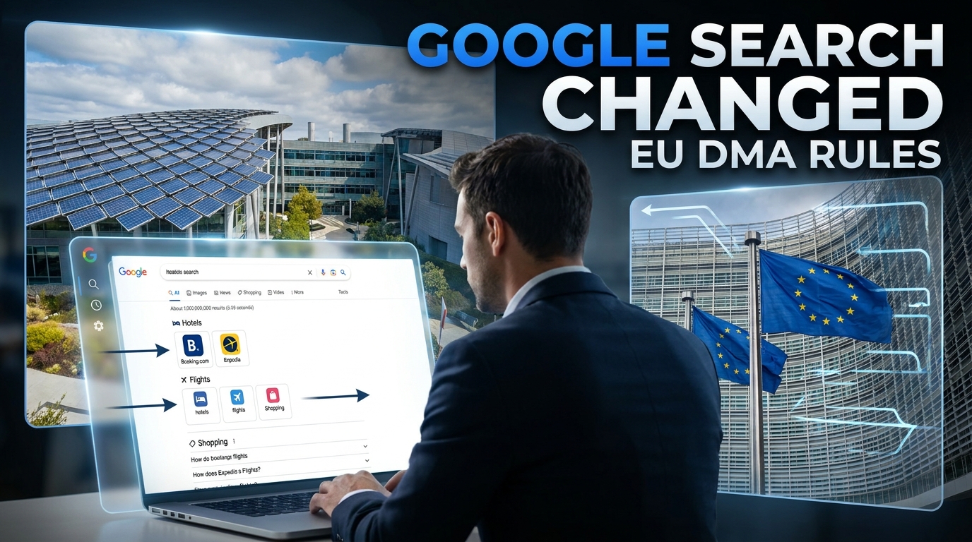 Google Digital Markets Act European search layout changes showing Google Search, European Commission, EU flag, and third-party aggregator results