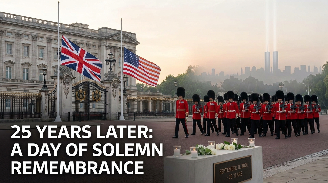 “Buckingham Palace Changing of the Guard ceremony commemorating the 25th anniversary of the September 11 attacks, honoring victims and highlighting UK-US solidarity.” Files, images, and data analysis are unavailable until usage resets at 1:28 PM. Continue chatting with text only, or upgrade for more access. Try Plus free