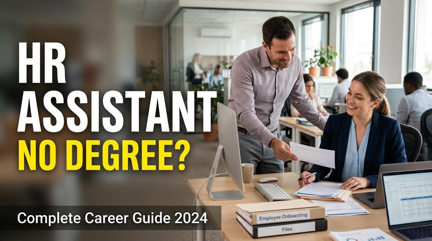 Realistic HR assistant working at a corporate office desk with a laptop and employee documents, alongside an HR manager, representing entry-level HR careers and no-degree job opportunities.