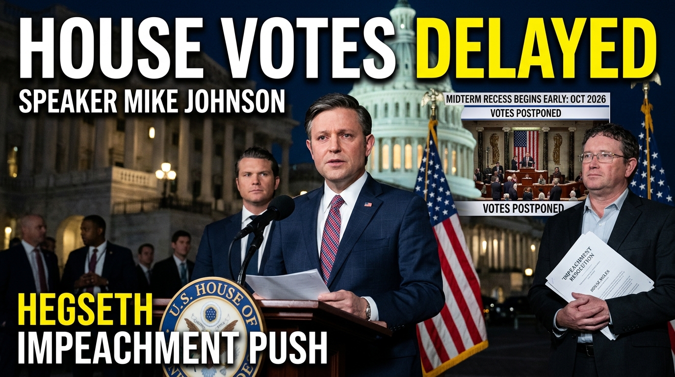 Mike Johnson at the U.S. Capitol as the House ends its legislative week early ahead of the 2026 midterm recess, with Pete Hegseth and Thomas Massie representing the delayed impeachment resolution.
