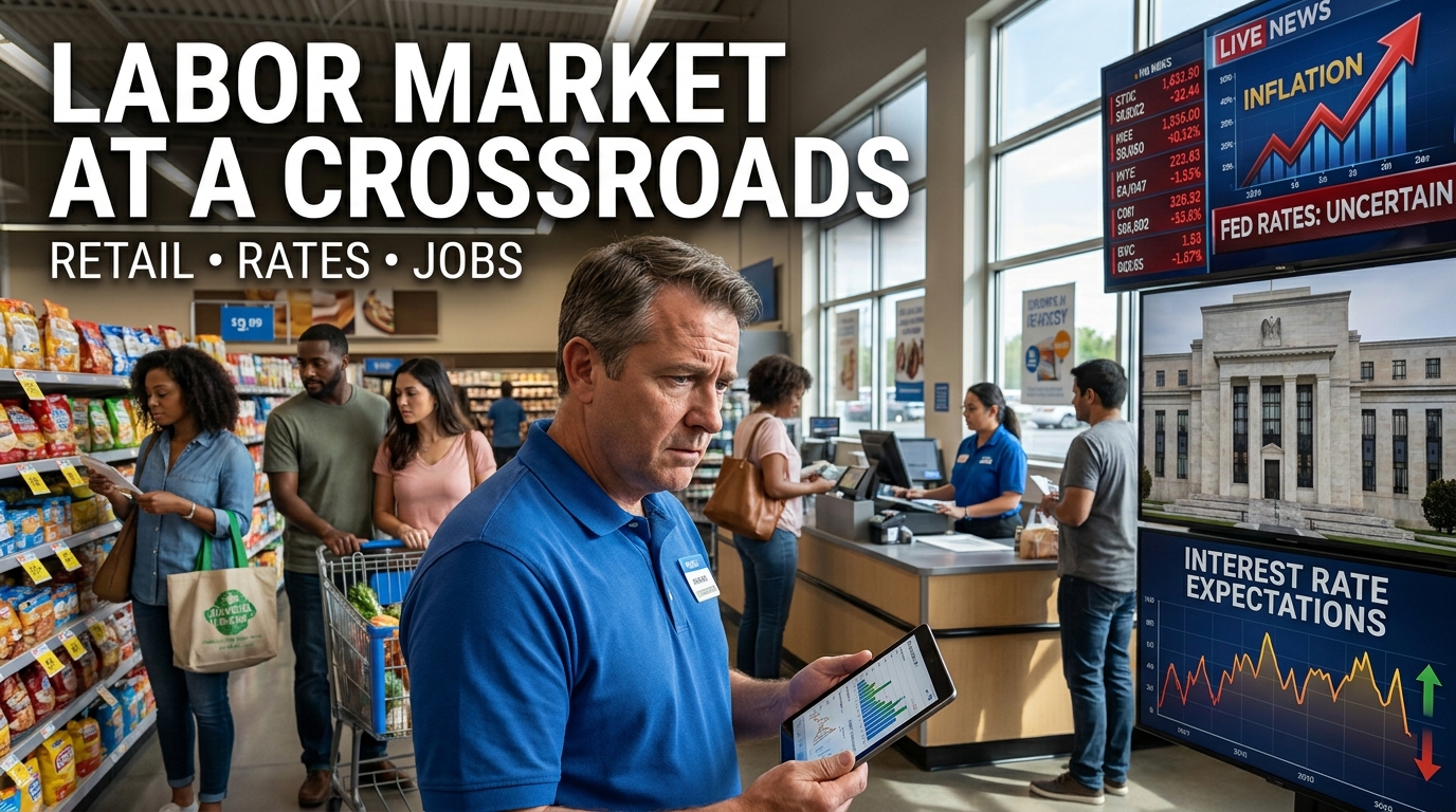 U.S. labor market crossroads showing retail workers and shoppers, consumer spending, inflation pressures, and changing interest rate outlooks.