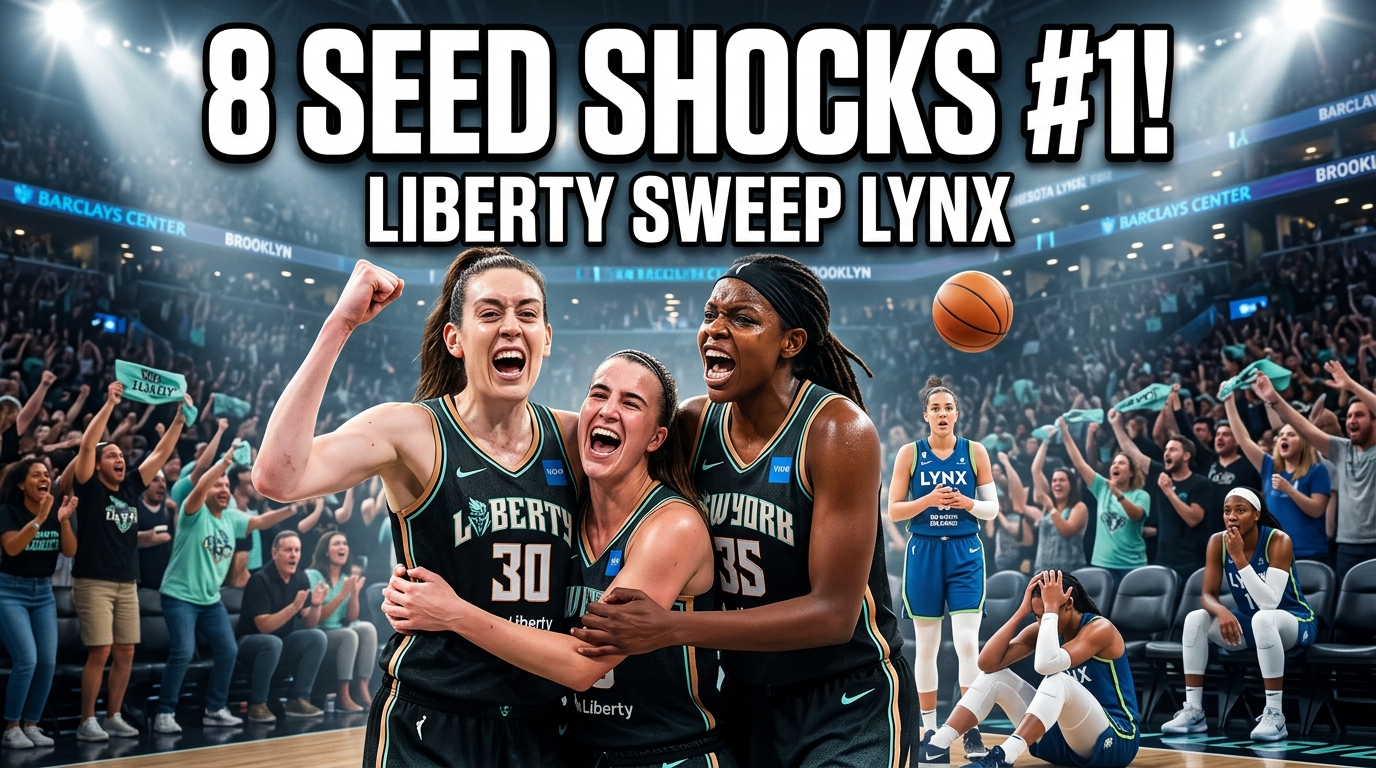 New York Liberty players celebrate a historic 8-seed upset over the top-seeded Minnesota Lynx, highlighting their 2026 WNBA playoff sweep and advancement to the semifinals.