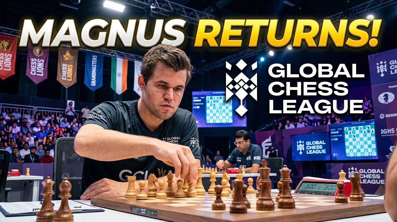 Magnus Carlsen returns to the Global Chess League, pictured in a realistic professional chess tournament setting with a chessboard, grandmasters, and a high-energy competitive atmosphere.