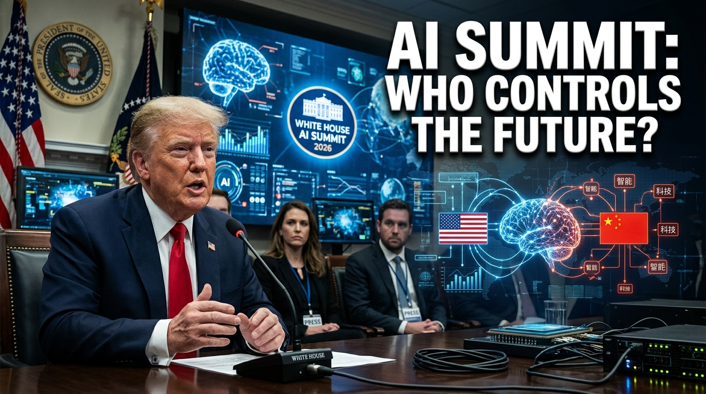 Donald Trump at the White House AI Summit with technology leaders, surrounded by artificial intelligence graphics, computer chips, U.S. flags, and visuals representing the U.S.-China AI competition.