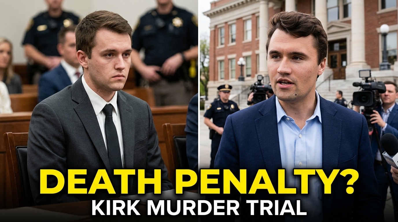 Tyler Robinson appears in court during the Charlie Kirk murder trial as prosecutors seek the death penalty, with Charlie Kirk shown alongside a Utah courthouse background.