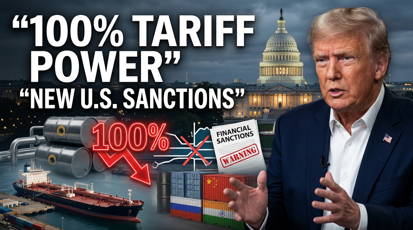 U.S. Capitol and Donald Trump alongside oil barrels, global shipping containers, and Russia, China, and India flags, illustrating expanded U.S. tariff and sanctions powers over Russian energy trade.