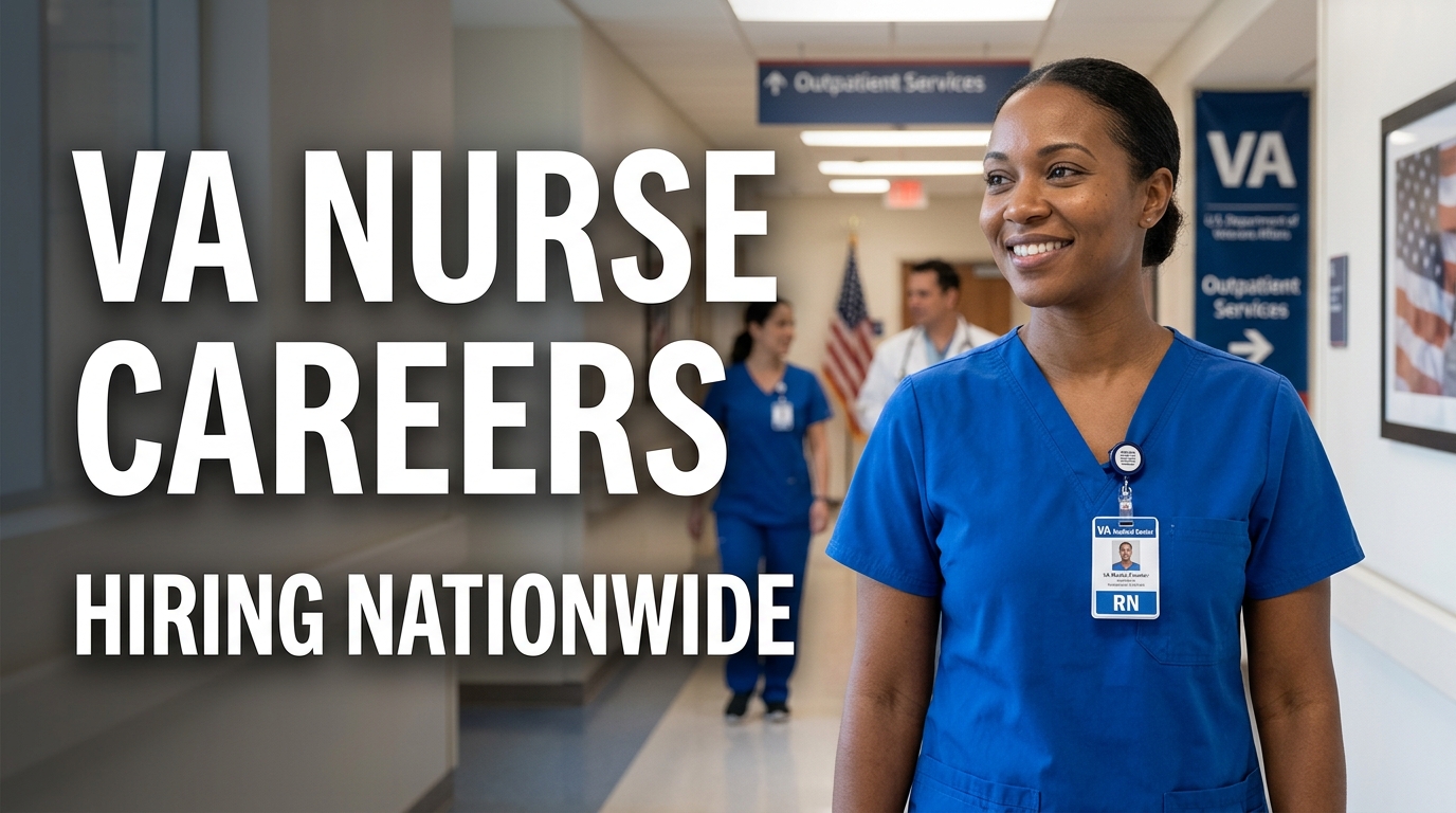 Realistic U.S. nurse standing inside a Department of Veterans Affairs hospital, representing VA nurse careers and nationwide nursing job opportunities.