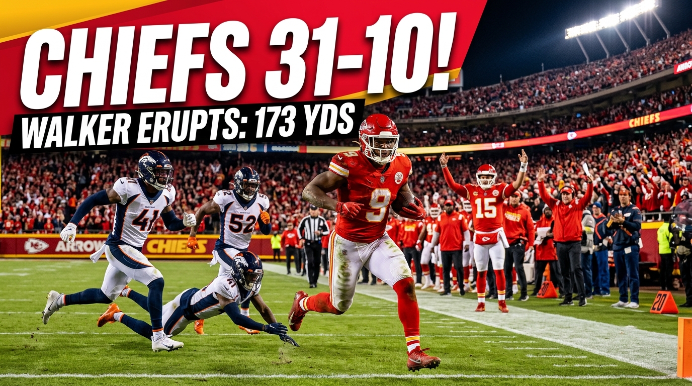 Kenneth Walker III rushes for 173 yards and two touchdowns as the Kansas City Chiefs defeat the Denver Broncos 31-10 in the 2026 NFL season opener.