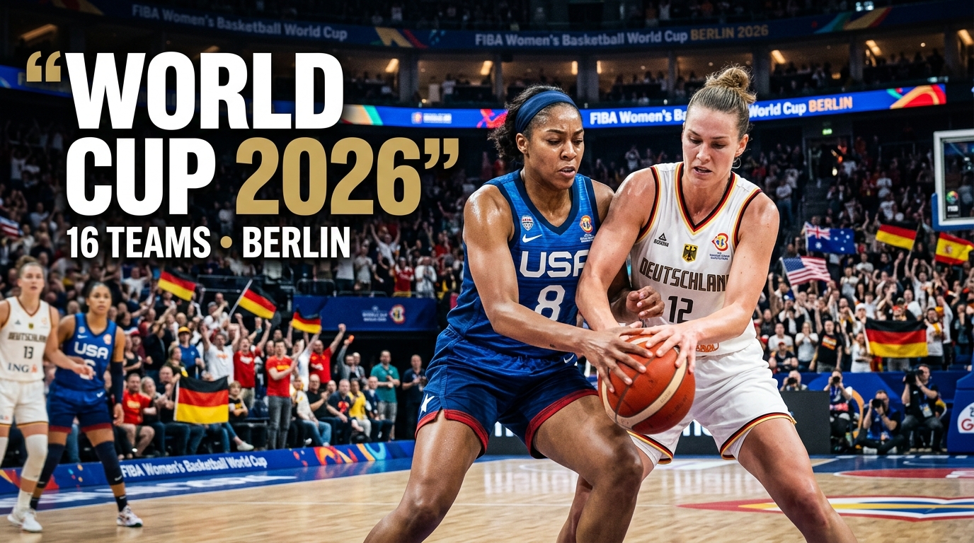 Realistic women’s basketball players competing in the FIBA Women’s Basketball World Cup 2026 in Berlin, Germany, inside a packed arena, with championship action and “World Cup 2026” text.