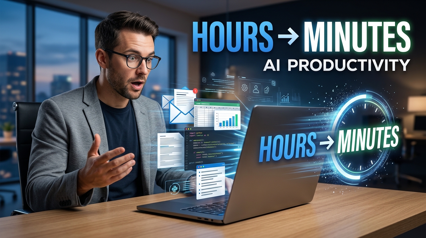 Professional using AI on a laptop to transform hours of work into minutes, with digital productivity tools, documents, charts, and a clock showing “HOURS → MINUTES.”