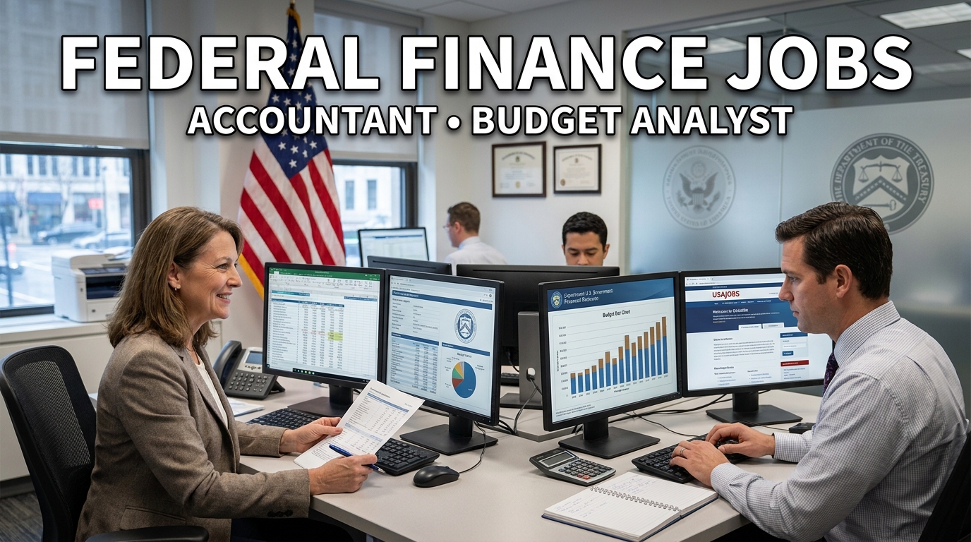 Federal finance careers featuring a U.S. government accountant and budget analyst reviewing financial reports, spreadsheets, and budget data in a professional office.