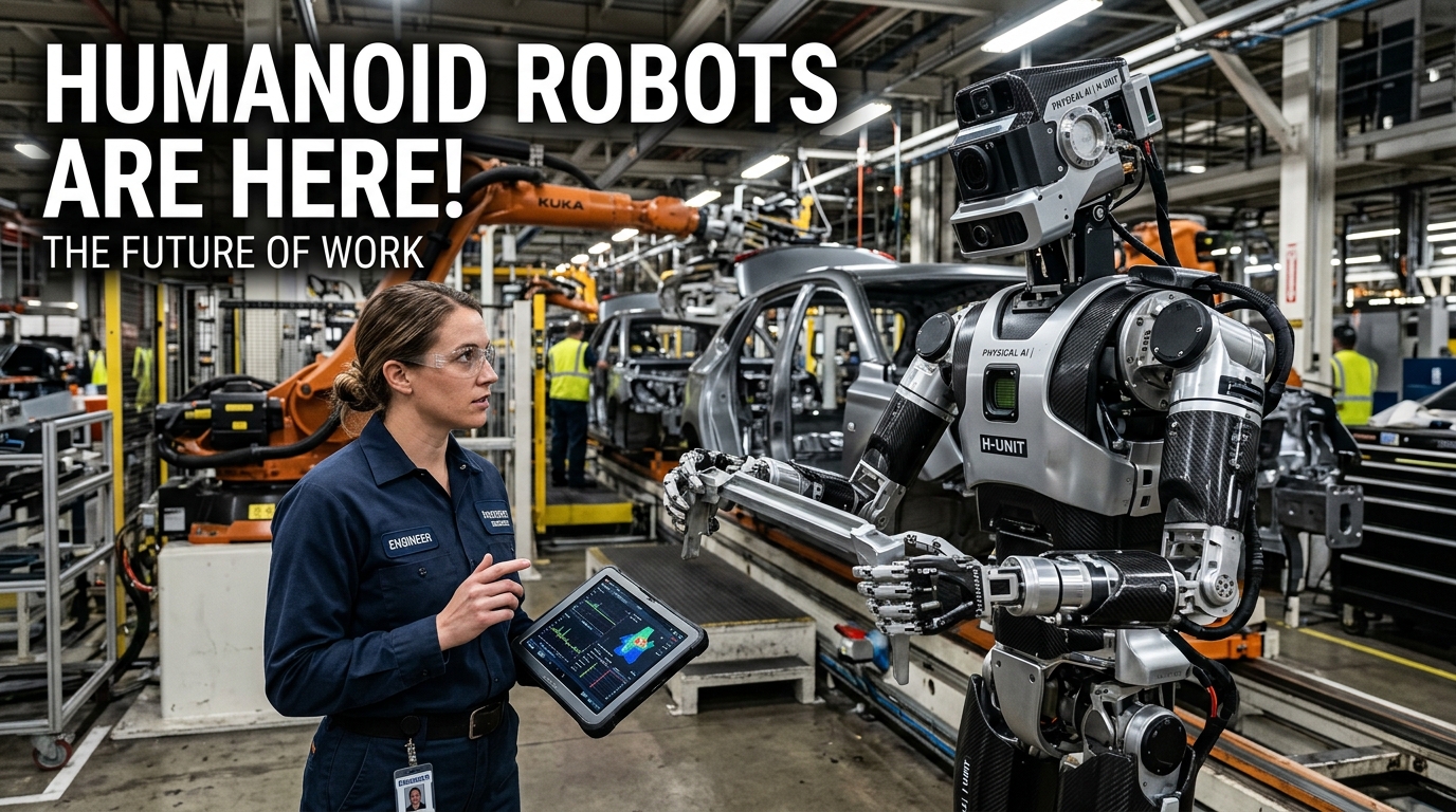 Real humanoid robot working alongside a human engineer inside a modern automotive factory, highlighting the rise of physical AI and the future of workplace automation.