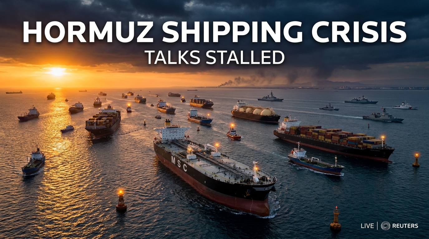 Strait of Hormuz shipping crisis with oil tankers, LNG carriers, and container ships stalled amid rising Middle East tensions and disrupted global trade.