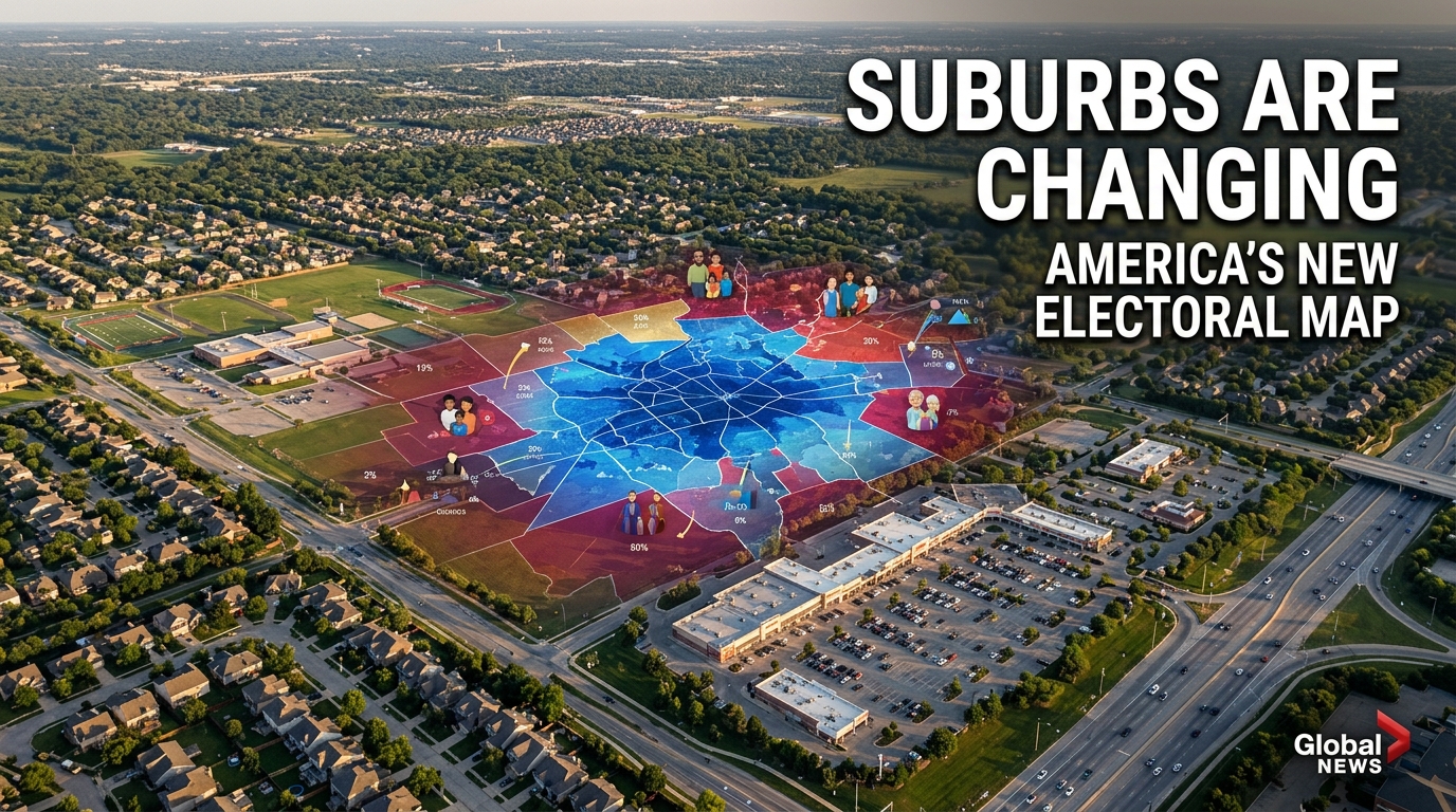 American suburban neighborhood with a U.S. electoral map overlay, illustrating demographic changes and shifting voting patterns reshaping suburban America.