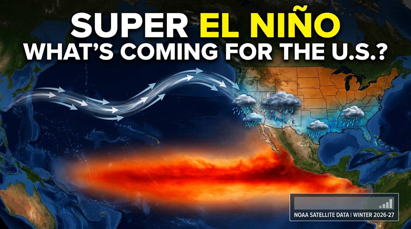 “Super El Niño 2026–2027 weather forecast showing unusually warm Pacific Ocean temperatures, shifting jet stream patterns, heavy rainfall across the southern United States, and warmer, drier conditions across the northern U.S.”