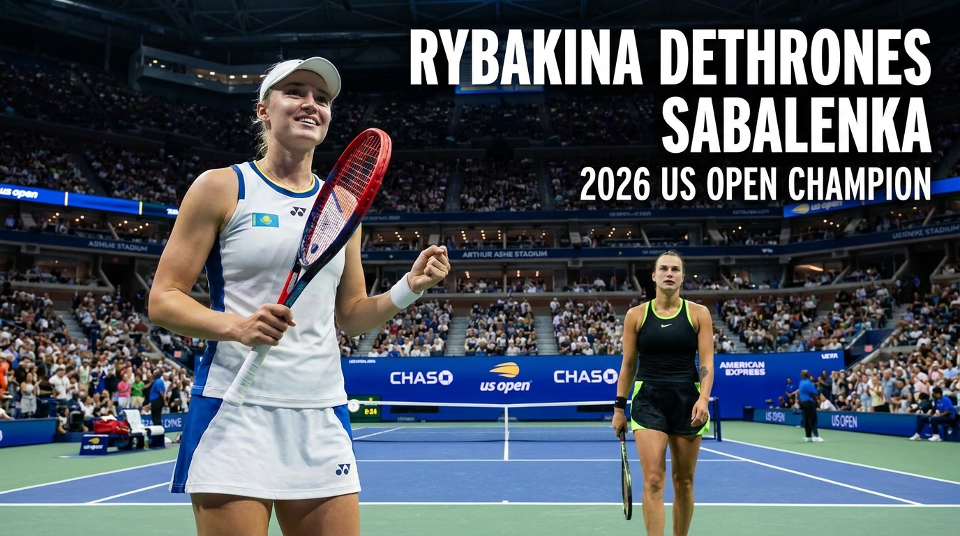 Elena Rybakina celebrating her 2026 US Open victory over Aryna Sabalenka in the women’s singles final at Arthur Ashe Stadium in New York