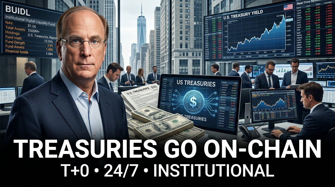 Photorealistic Wall Street financial scene featuring Larry Fink, U.S. Treasury bills, digital blockchain assets, institutional traders, and financial market screens illustrating tokenized Treasuries, real-time settlement, and institutional blockchain finance.