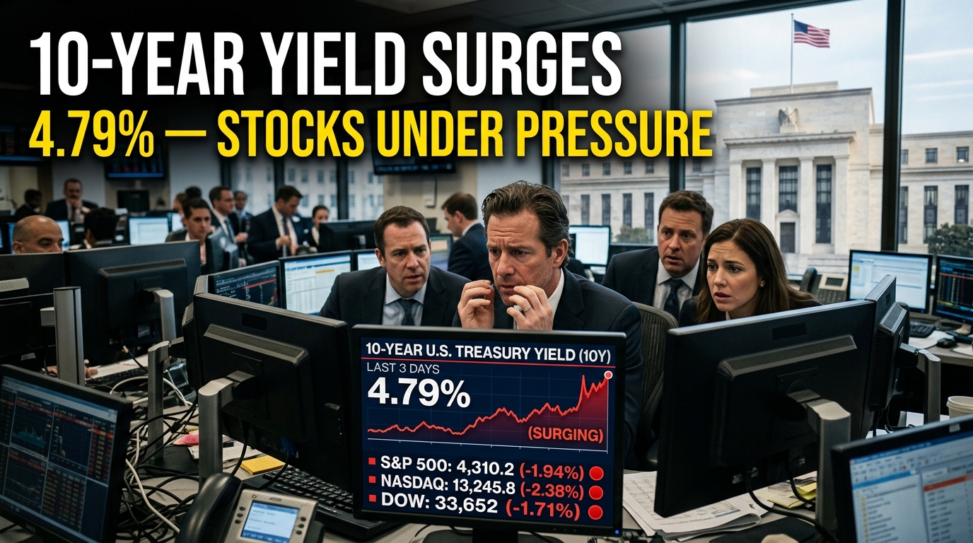 Realistic financial news scene showing U.S. Treasury traders monitoring a rising 10-year Treasury yield near 4.79%, with market charts, Federal Reserve imagery, and stock indicators under pressure.