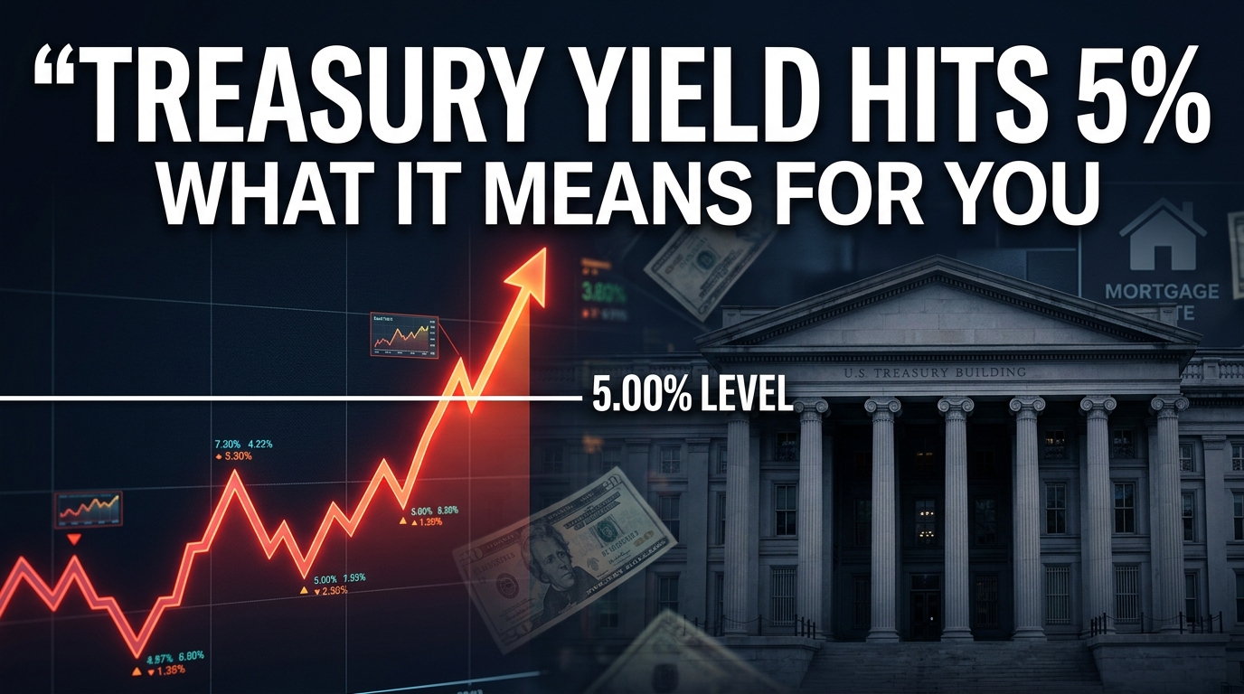 U.S. Treasury 10-year yield approaching 5% with an upward market chart, Treasury building, U.S. dollar imagery, and financial market graphics illustrating the impact on investments, mortgages, and borrowing costs.
