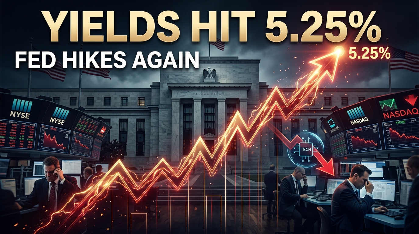 U.S. Treasury yields rise toward 5.25% as the Federal Reserve raises interest rates, highlighting higher borrowing costs and pressure on financial markets in 2026.