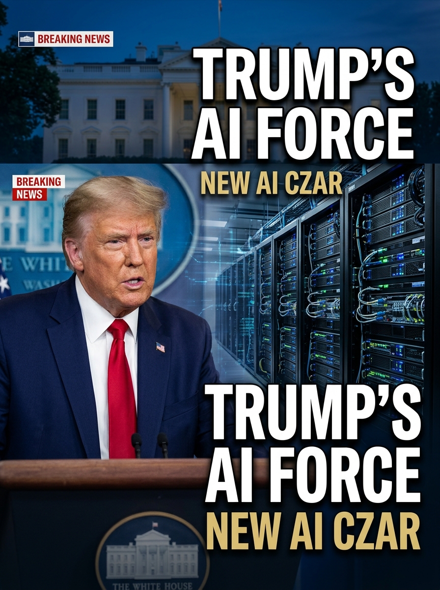 Donald Trump speaking at the White House alongside advanced AI data center servers, illustrating his announced plans for a federal AI Force and new AI czar.