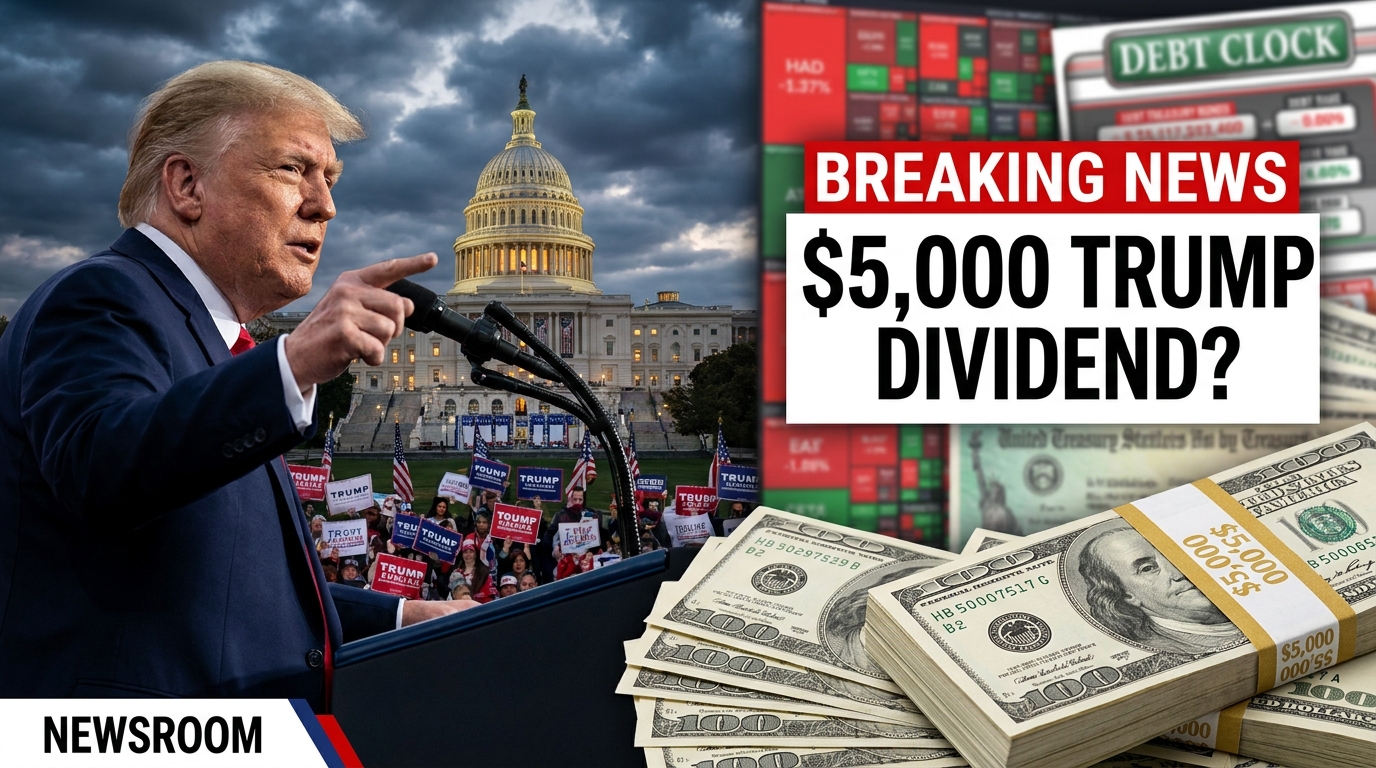 Donald Trump speaking at a Republican event alongside a visual representation of a proposed $5,000 cash dividend, U.S. Capitol, dollar bills, rising debt, and economic market concerns.