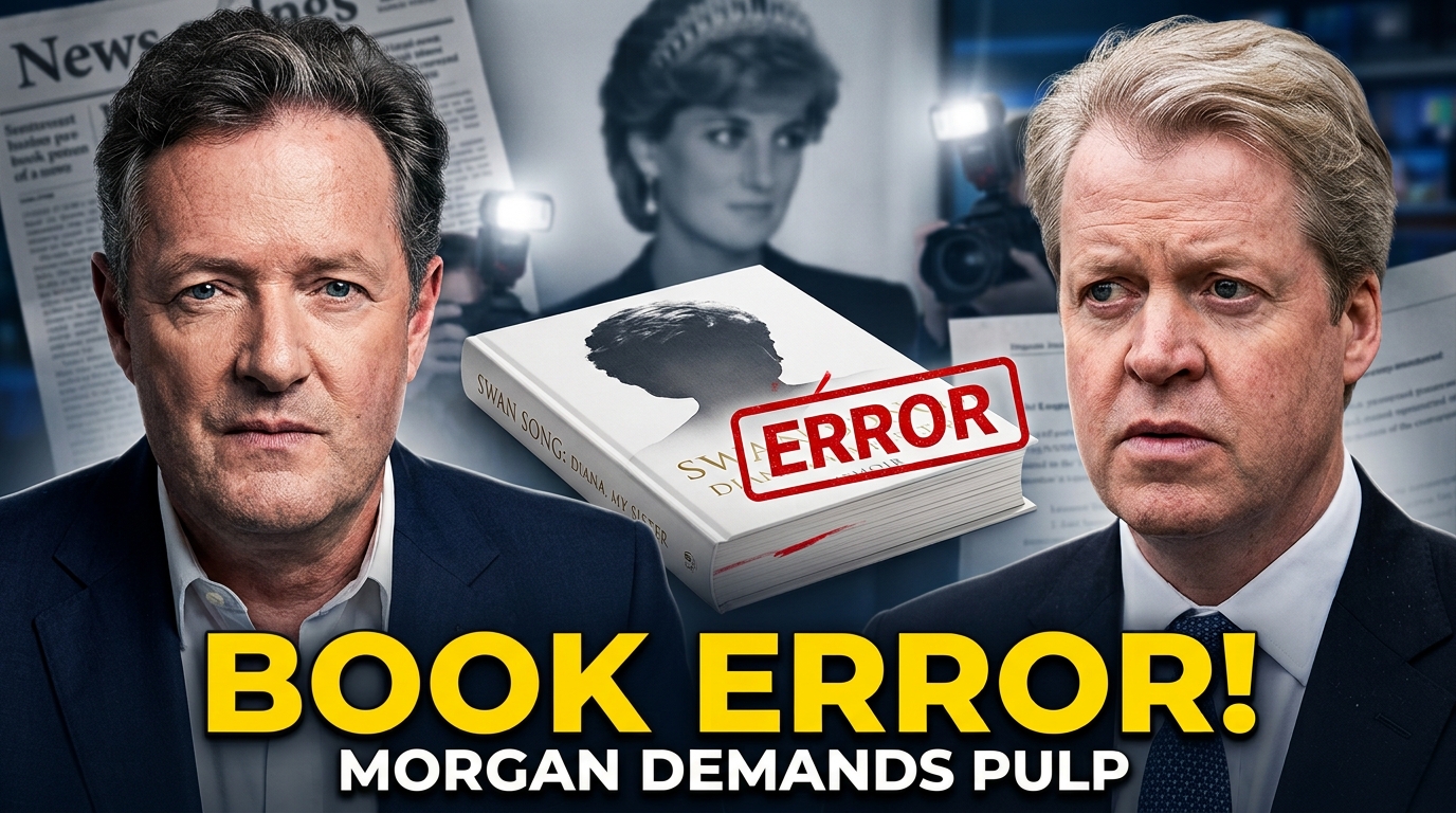 Piers Morgan and Earl Spencer face off over a factual error in the Princess Diana memoir Swan Song: Diana, My Sister, with a book and “BOOK ERROR!” headline featured in the news thumbnail.